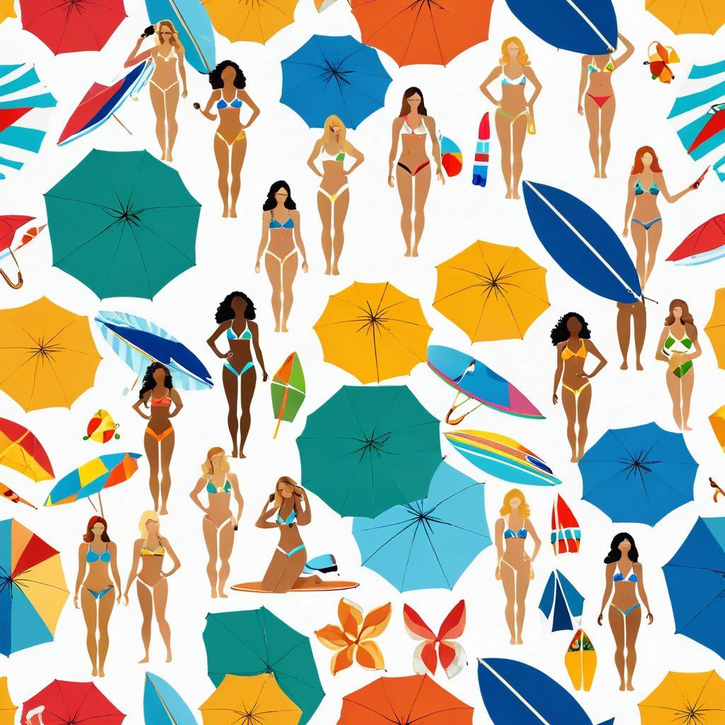 A sunny beach scene showcasing diverse models wearing vibrant and trendy bikinis, each representing the latest styles, with colorful beach umbrellas and surfboards in the background. Crystal-clear waves and a radiant sun provide a perfect summer vibe, accentuated by playful beach activities like beach volleyball and sunbathing. The overall atmosphere is lively and inviting, embodying the essence of a perfect beach getaway. super-realistic. vibrant colors. white background.